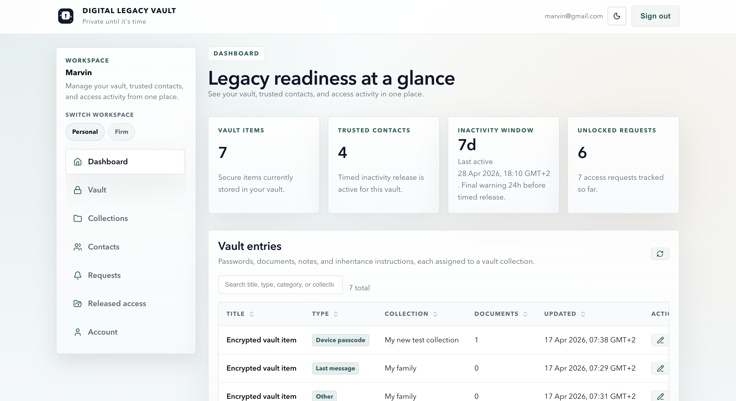 Dashboard showing a private vault, collections, and tracked access requests.