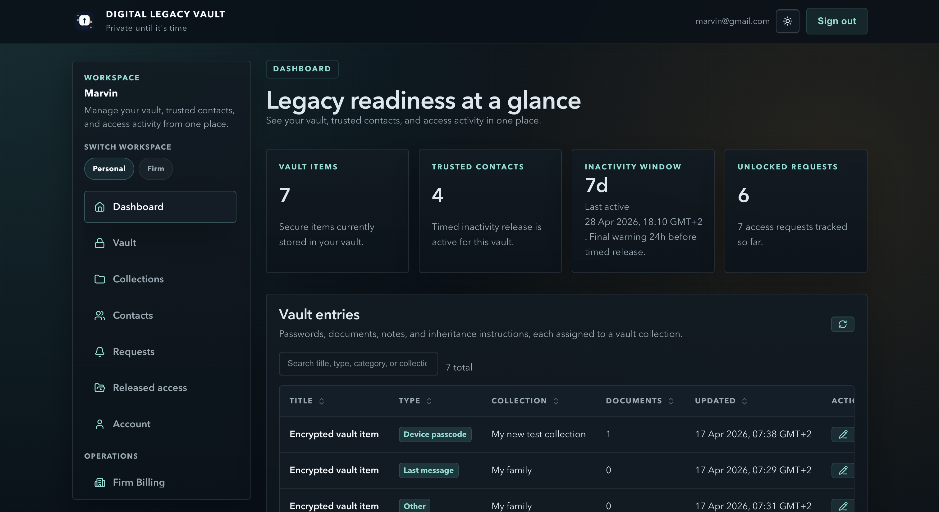 Dashboard showing a private vault, collections, and tracked access requests.